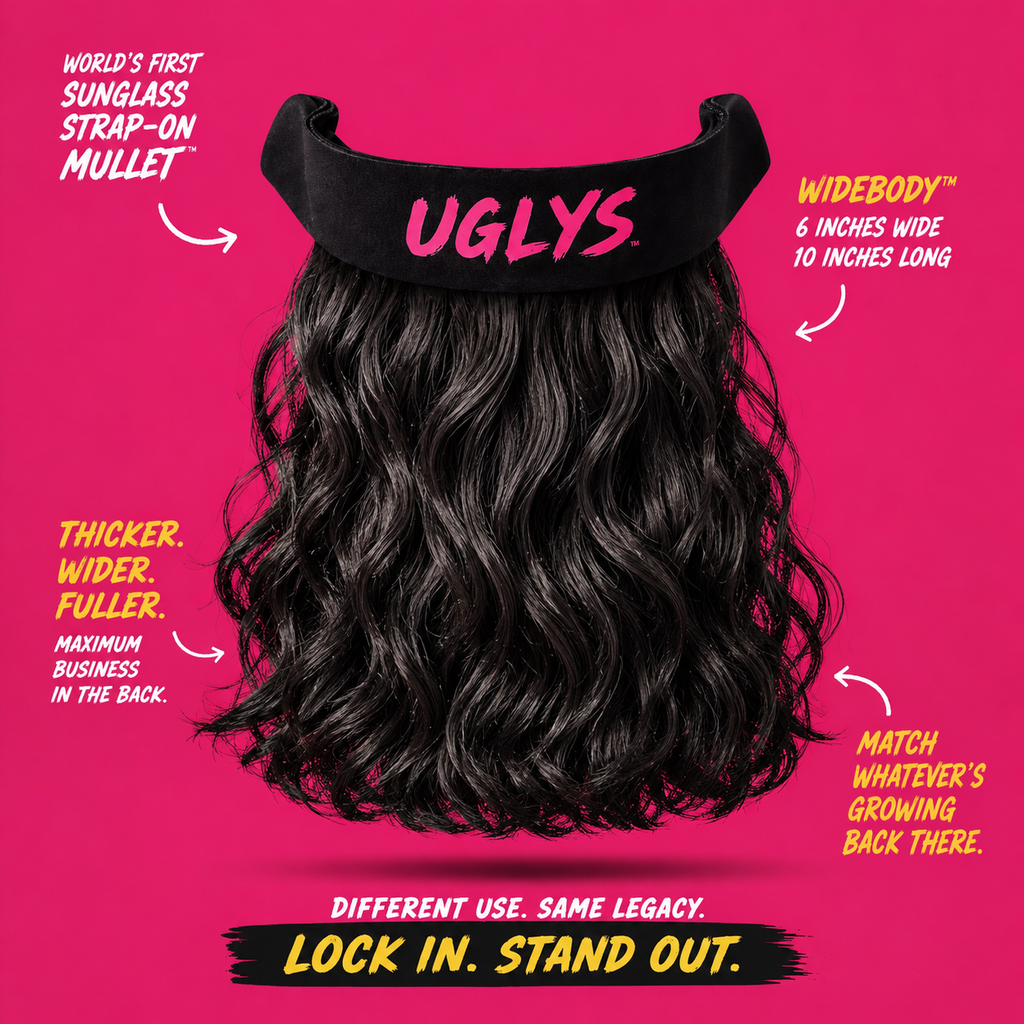 Uglys Eyewear UGLYS™️ Brown Town sunglass strap-on mullet system with brown hair and sunglasses, styled for a humorous look.