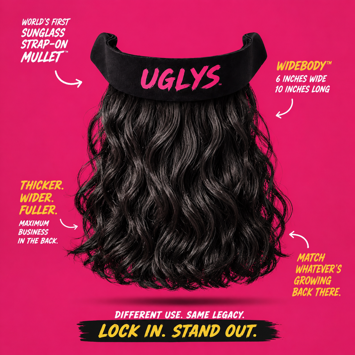 Uglys Eyewear UGLYS™️ Brown Town sunglass strap-on mullet system with brown hair and sunglasses, styled for a humorous look.
