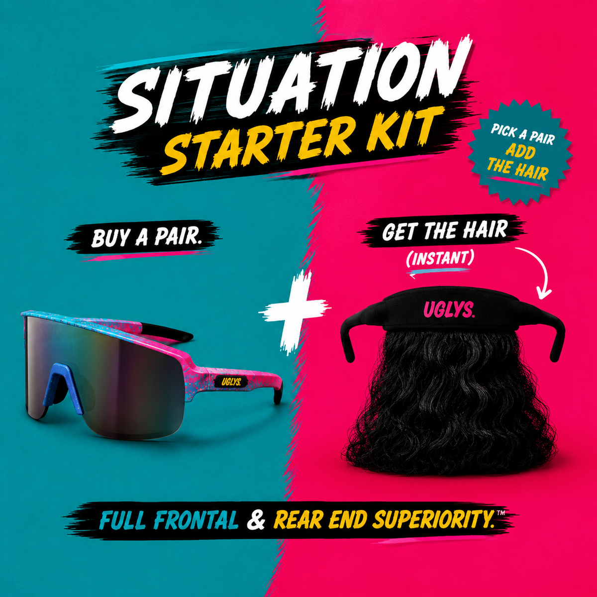 UGLYS EYEWEAR UGLYS™ Sunglass Strap-On Mullet in five colors, featuring a fun mullet design with attached sunglasses on a model.