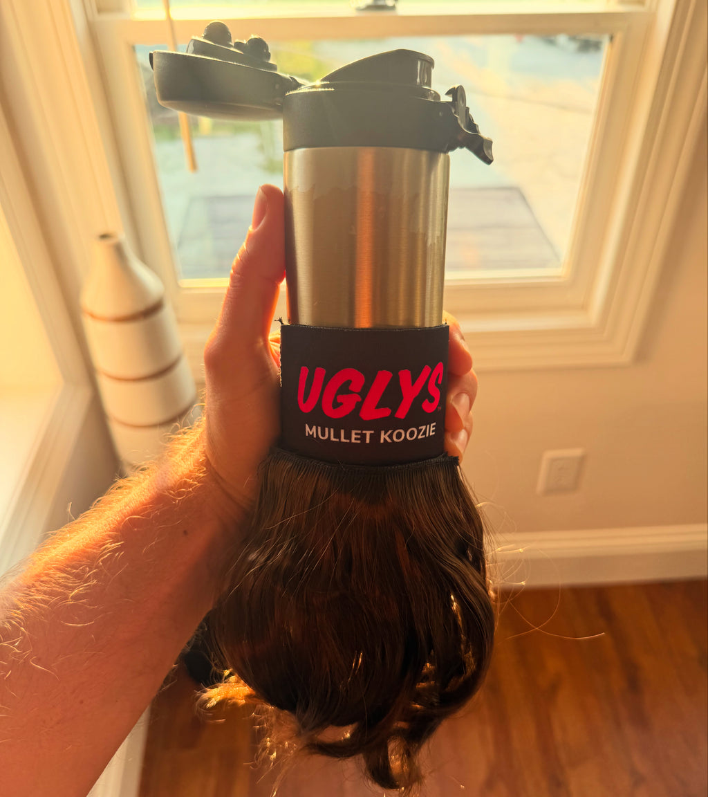 Uglys Eyewear UGLYS™️ Mullet Koozie in black with colorful mullet design, made from foam for beverage insulation.
