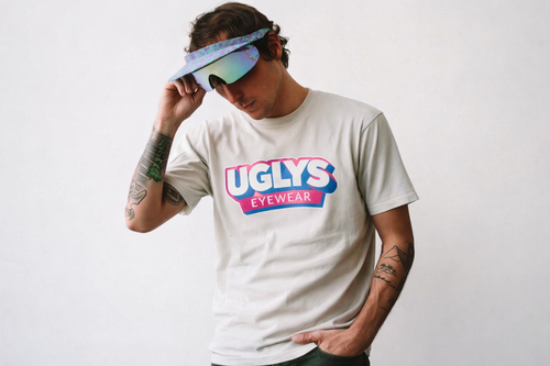 UGLYS EYEWEAR t-shirt featuring a graphic design in black and white, casual fit, and comfortable fabric.