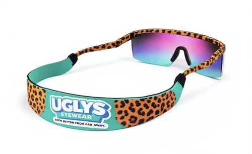 UGLYS Cheetah Duval sunglass strap with leopard print and adjustable features, designed to hold sunglasses securely.
