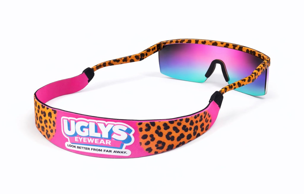 UGLYS EYEWEAR Wildcat sunglass strap with adjustable black strap and colorful Wildcat logo for secure sunglasses fit.