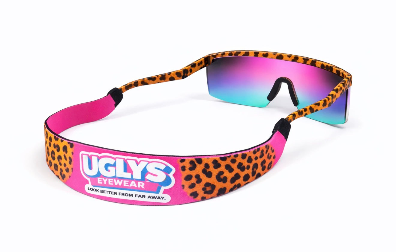 UGLYS EYEWEAR Wildcat sunglass strap with adjustable black strap and colorful Wildcat logo for secure sunglasses fit.