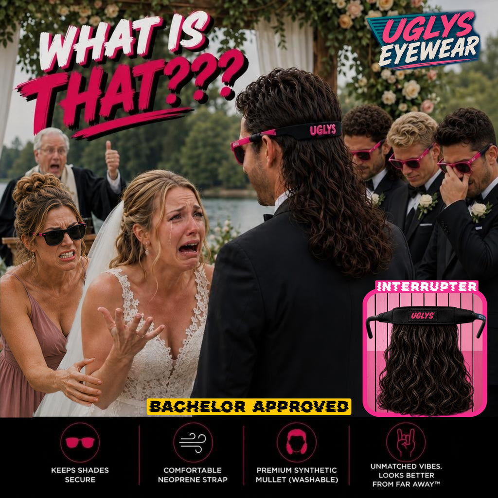 UGLYS™️ Interrupter sunglass strap-on mullet hair accessory by UGLYS EYEWEAR, featuring a playful, multicolored hairpiece with sunglasses attached.