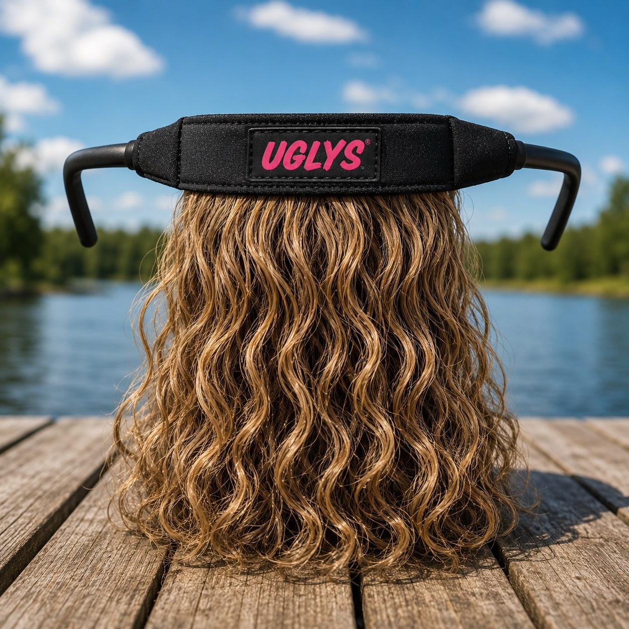 UGLYS™️Interrupter sunglass strap-on mullet hairstyle accessory on a model, showcasing a bold, edgy fashion statement from UGLYS EYEWEAR.