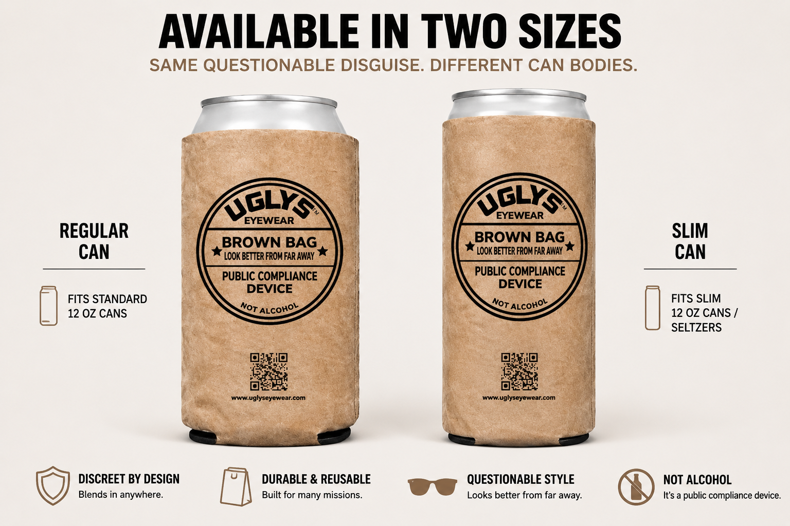 UGLYS™️ Brown Bag Koozie from UGLYS EYEWEAR, showing a cozy, insulated beverage holder with the brand logo and brown fabric design.