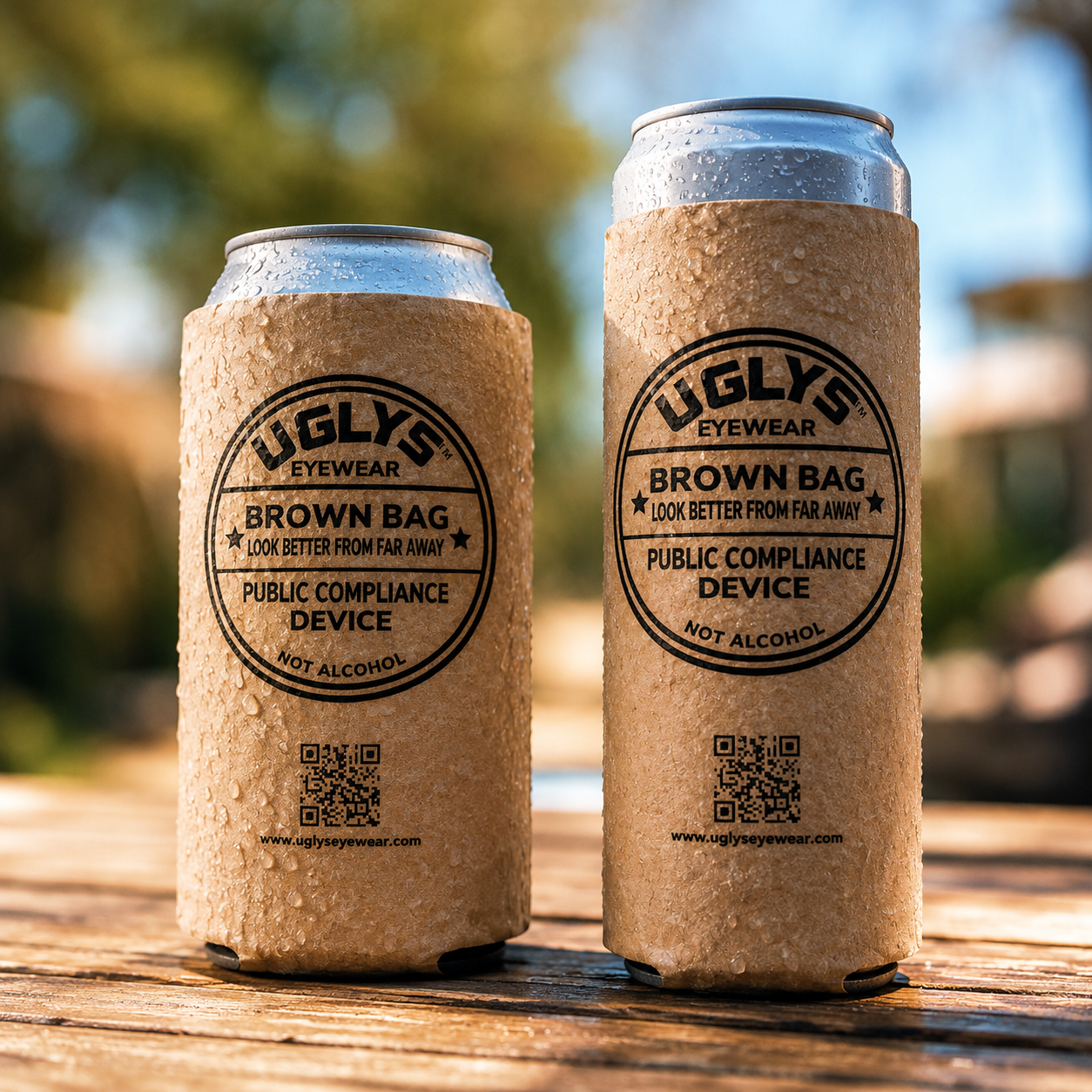 UGLYS™️ Brown Bag Koozie from UGLYS EYEWEAR, insulated drink holder with brown bag design and logo detail.