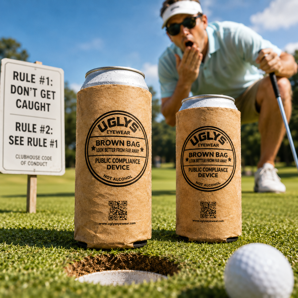 UGLYS™️ Brown Bag Koozie from UGLYS EYEWEAR, insulated beverage holder with brown and black design, perfect for keeping drinks cold