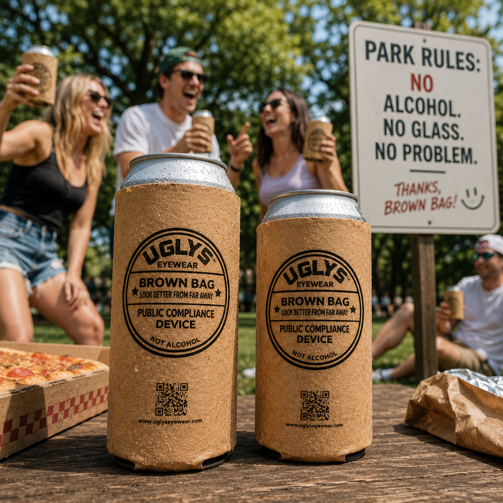 UGLYS™️ Brown Bag Koozie from UGLYS EYEWEAR, a collapsible insulated drink holder with brown bag design.