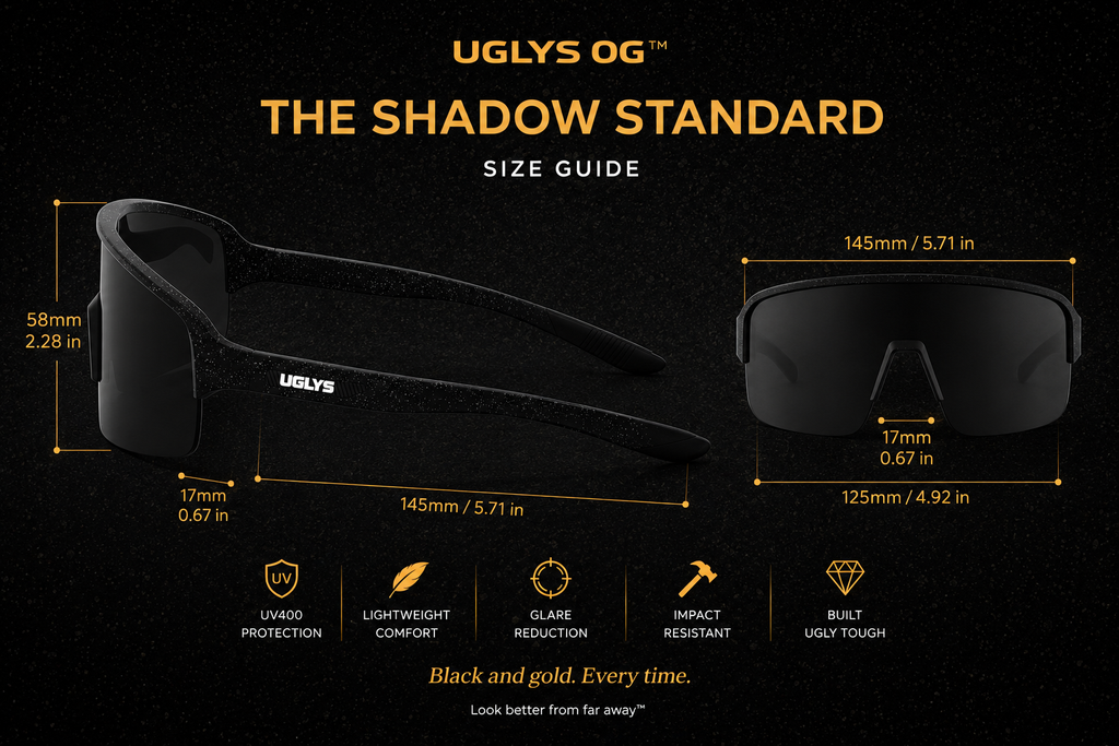 UGLYS™️ OG Blinders sunglasses with bold black frames and dark tinted lenses, stylish eyewear from UGLYS EYEWEAR.