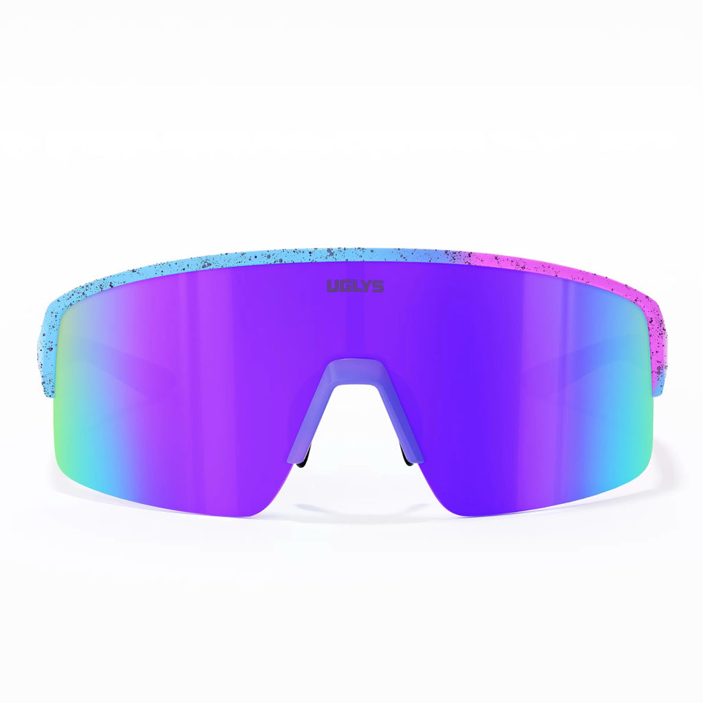 UGLYS EYEWEAR Glow Job sunglasses with reflective lenses and bold black frame, resting on a white background.