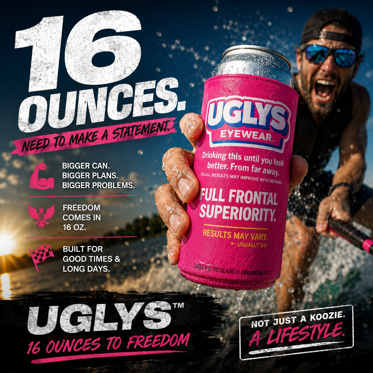 UGLYS™️ 16 Ounces to Freedom sunglasses with black frames and dark lenses, showcasing modern eyewear design.