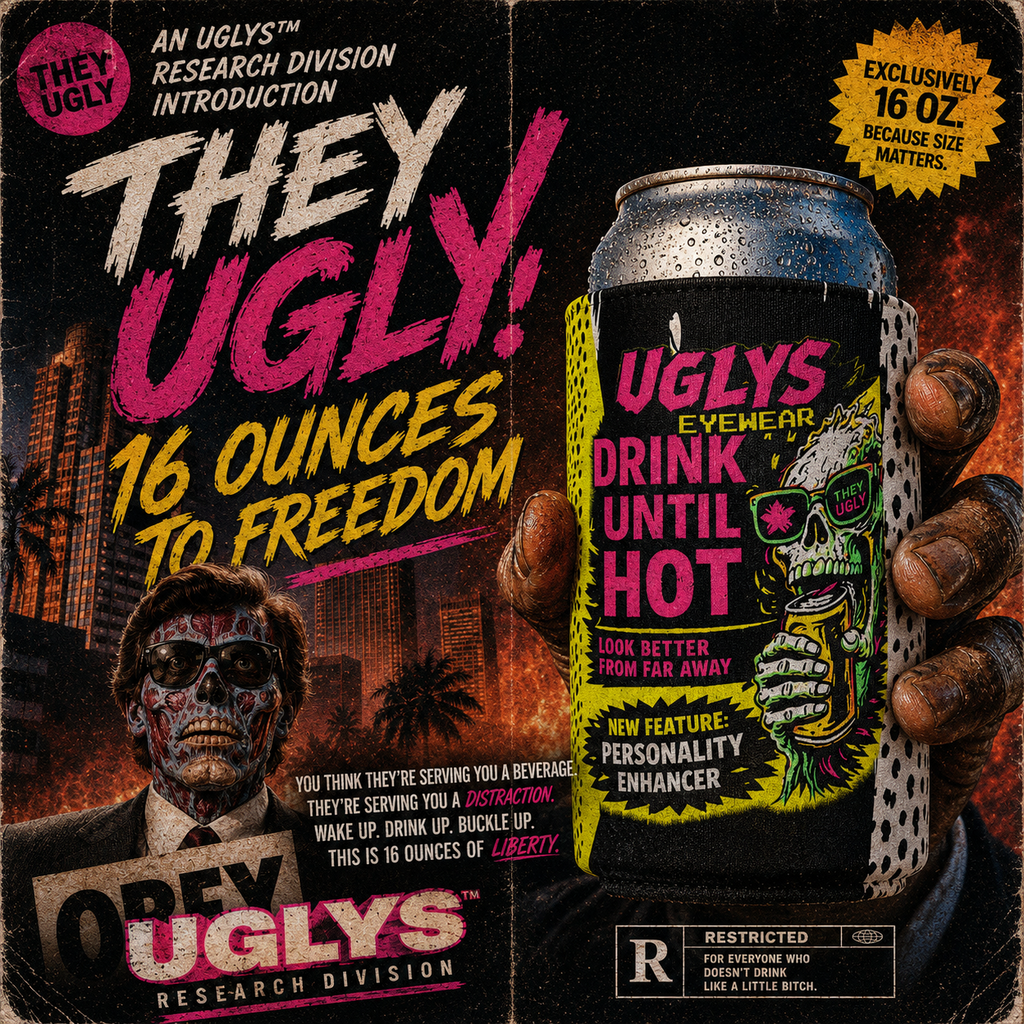 UGLY Cool Can Cooler by UGLYS EYEWEAR, insulated can cooler with bold design, fits standard 12 oz beverage cans.