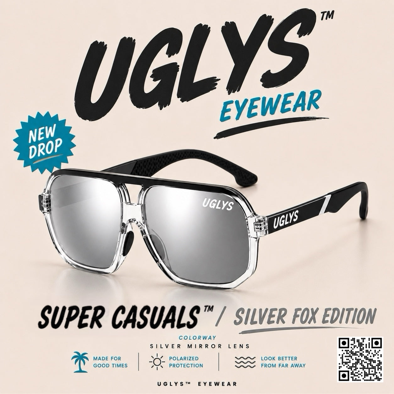 UGLYS Super Casuals sunglasses in Silver Fox color featuring sleek frames and tinted lenses, stylish eye protection from UGLYS EYEWEAR.
