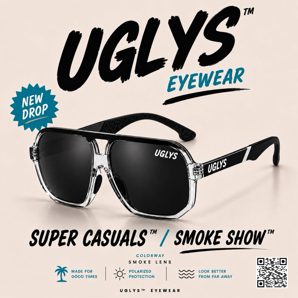 UGLYS Super Casuals Smoke Show sunglasses with round black frames and tinted lenses, stylish eyewear from UGLYS EYEWEAR.