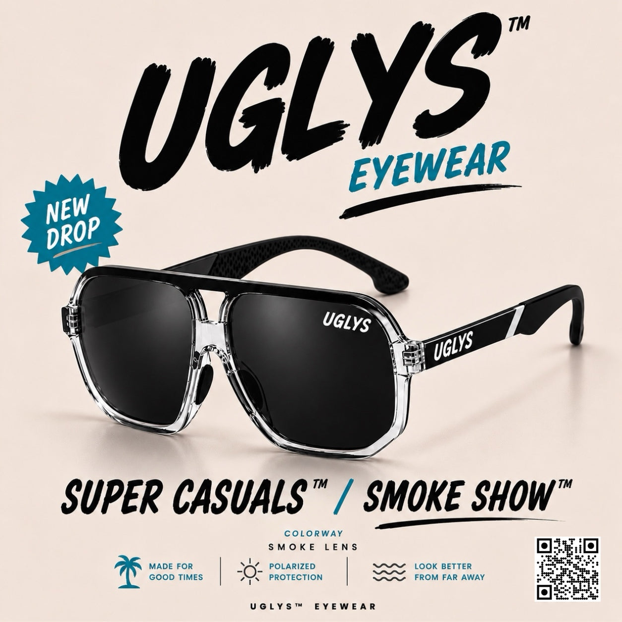 UGLYS Super Casuals Smoke Show sunglasses with round black frames and tinted lenses, stylish eyewear from UGLYS EYEWEAR.