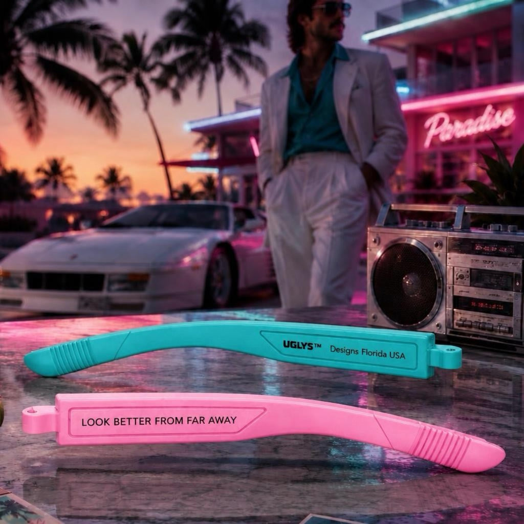 UGLYS™ Glow Job sunglasses with glow-in-the-dark lenses, stylish black frame, and UGLYS EYEWEAR branding.