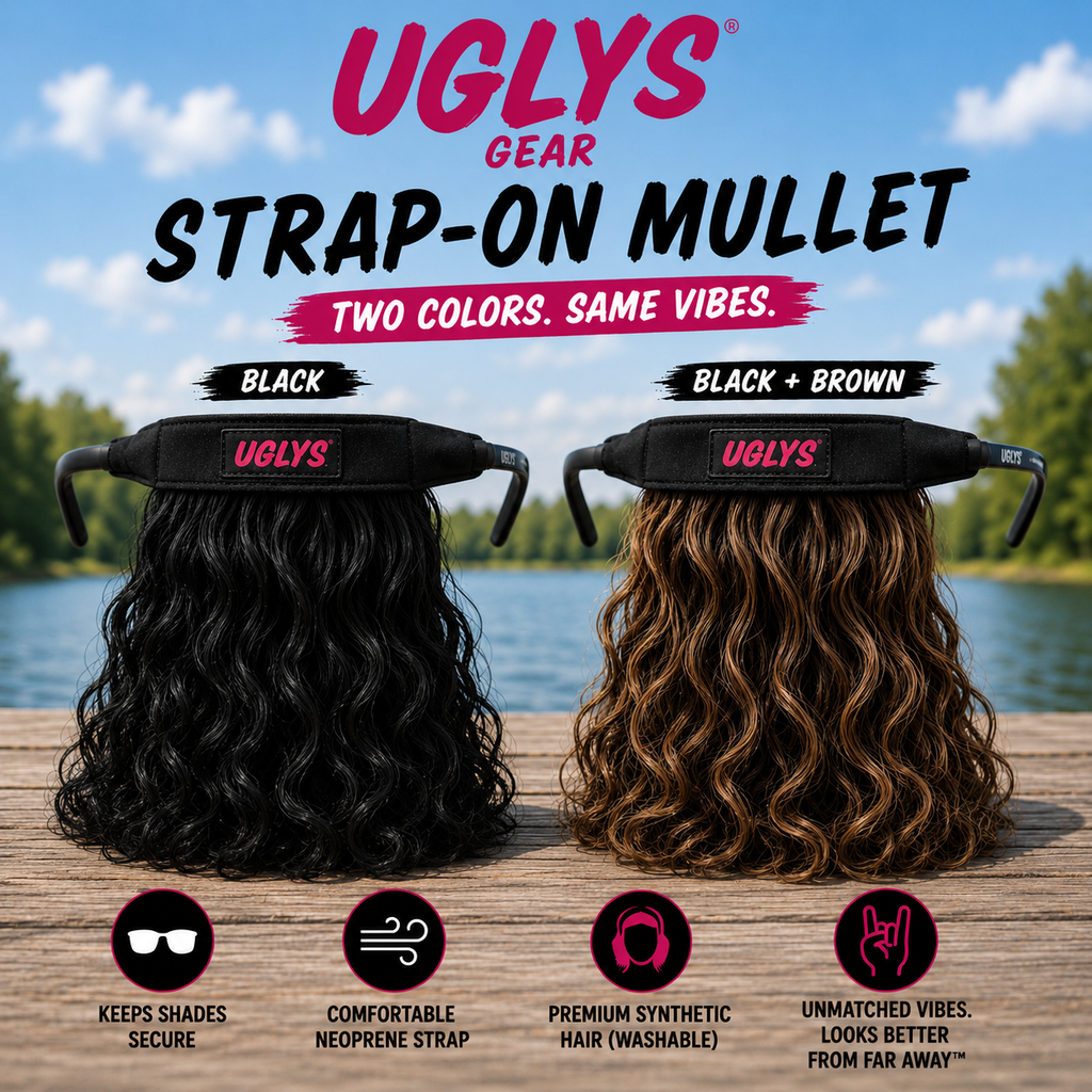 UGLYS™️ Interrupter sunglass strap-on mullet hairstyle accessory by UGLYS EYEWEAR, featuring colorful synthetic hair and adjustable strap.