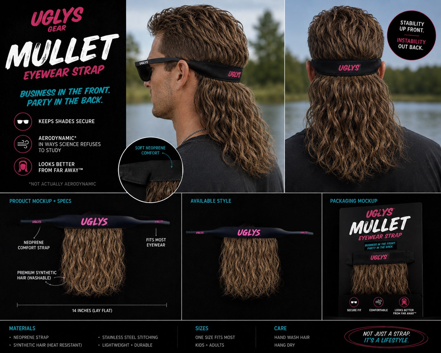 UGLYS™️ Sunglass Strapped Mullet sunglasses with a colorful, retro-inspired design and strap for a bold fashion statement.