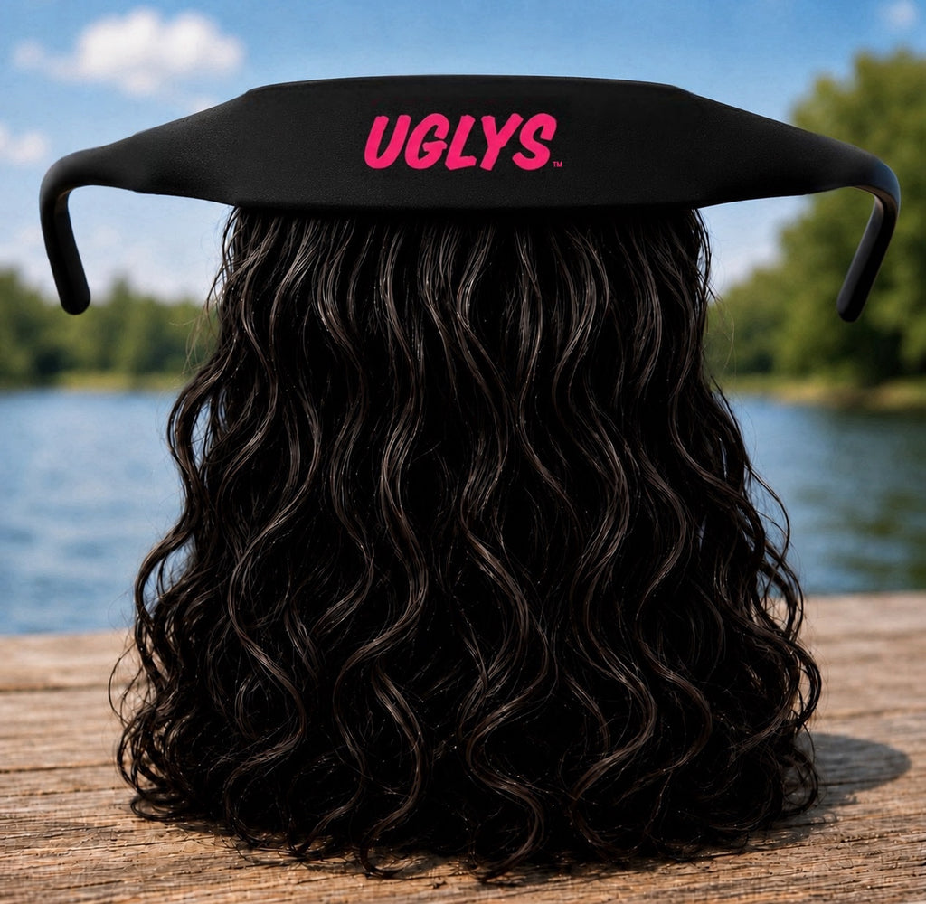 UGLYS™️ Sunglass Strapped Mullet showing the unique mullet hairstyle with attached sunglasses and vibrant eyewear design.