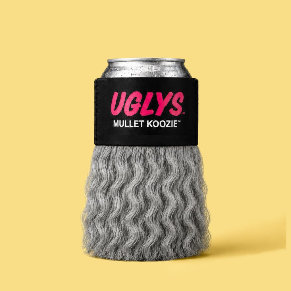 UGLYS™️ Mullet Koozie, black fabric drink holder with colorful mullet hair design, branded by Uglys Eyewear, set against a plain background.