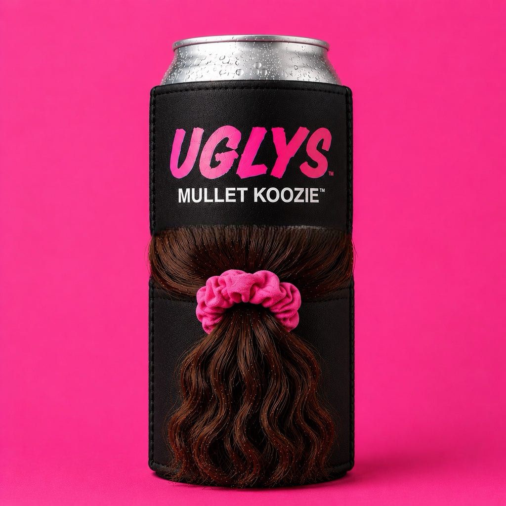 Uglys Eyewear UGLYS™️ Mullet Koozie holding a beverage with colorful design and logo, made of foam for insulation.