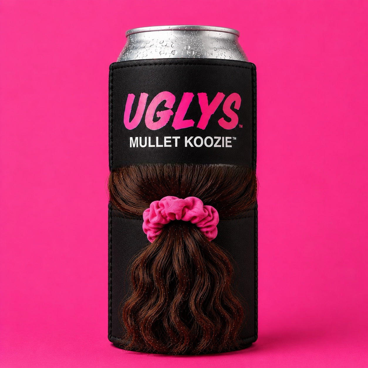 Uglys Eyewear UGLYS™️ Mullet Koozie holding a beverage with colorful design and logo, made of foam for insulation.