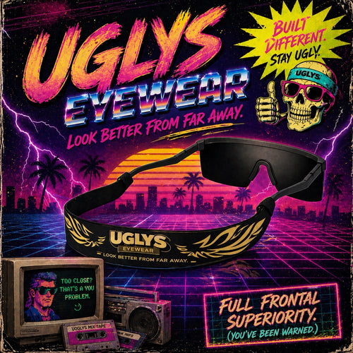 UGLYS Tran Sam sunglass strap from UGLYS EYEWEAR, showing a colorful, adjustable eyewear strap attached to sunglasses.