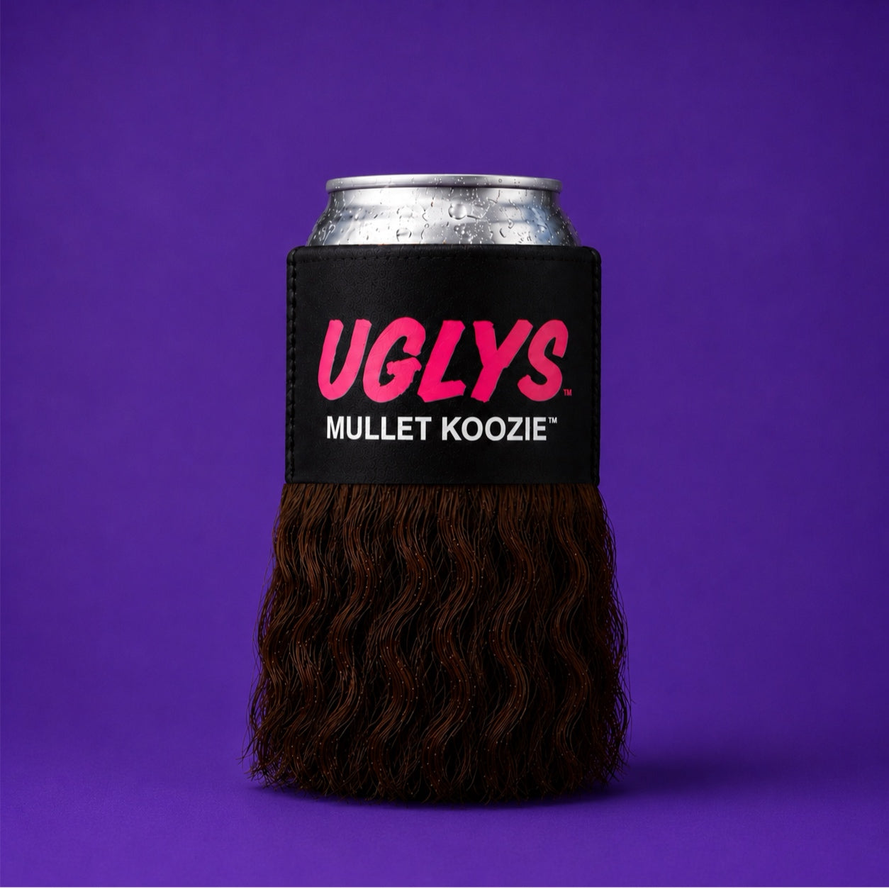 UGLYS™️ Mullet Koozie by Uglys Eyewear, black and white design, fits beverage cans, showcasing the fun mullet hairstyle print.