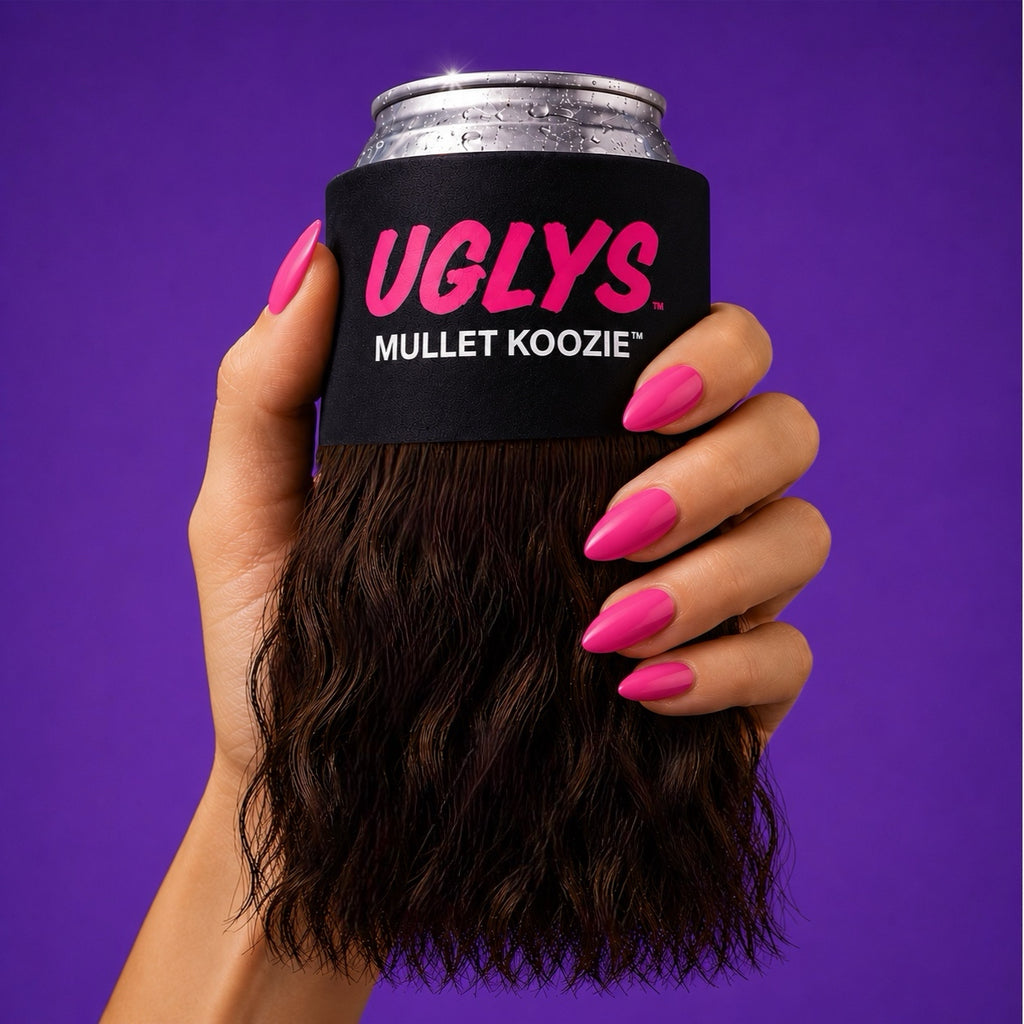 UGLYS™️ Mullet Koozie by Uglys Eyewear, black and white mullet design, made for holding beverages with eye-catching style.