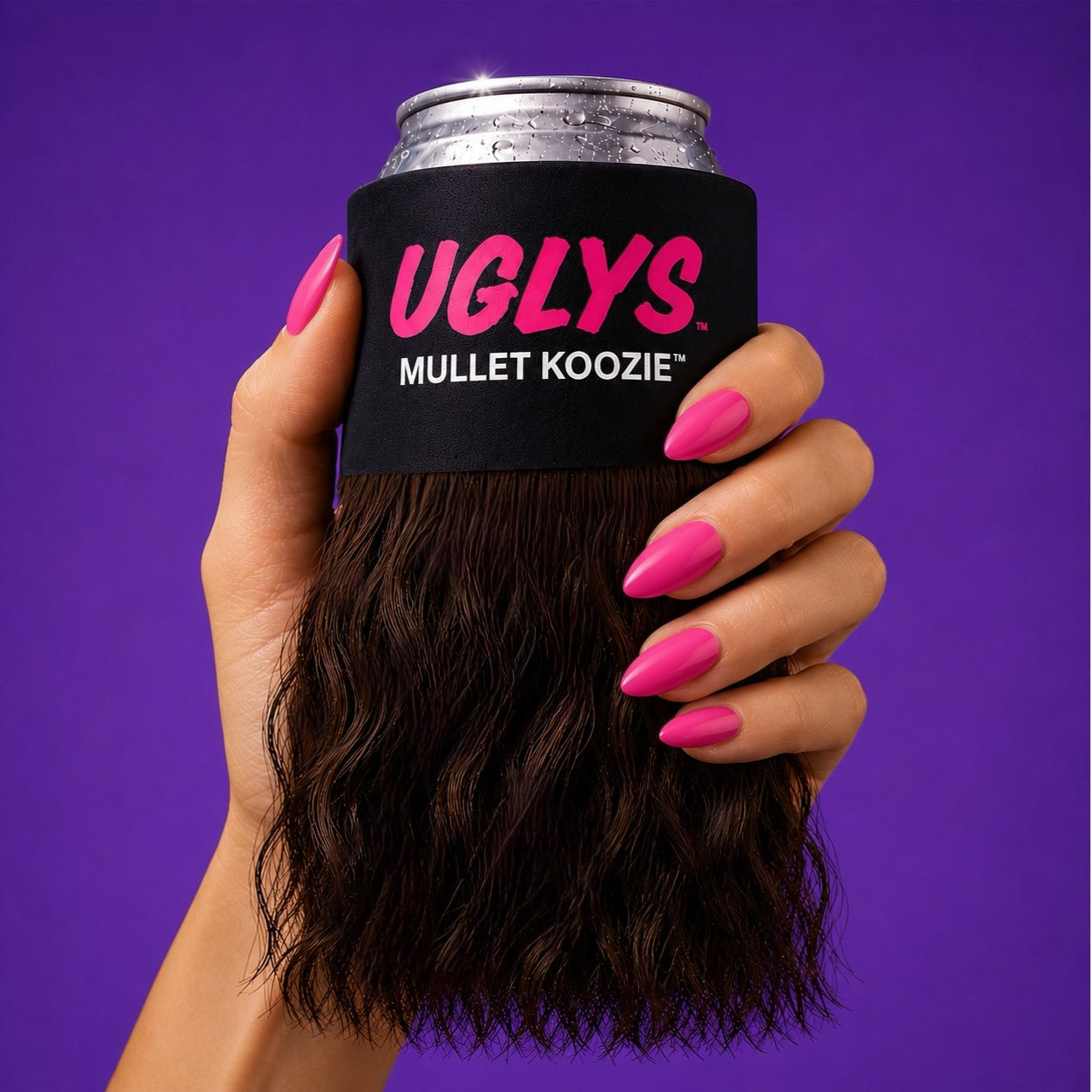 UGLYS™️ Mullet Koozie by Uglys Eyewear, black and white mullet design, made for holding beverages with eye-catching style.