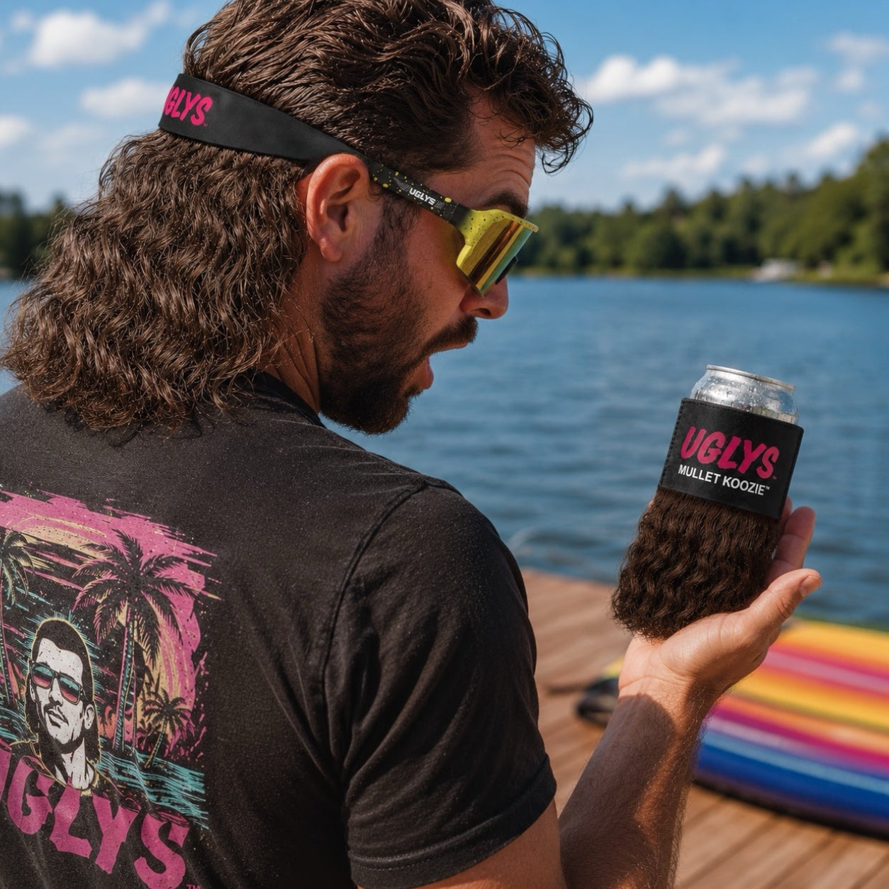UGLYS™️ Mullet Koozie by Uglys Eyewear, black fabric koozie with colorful mullet hairstyle design, holds a beverage can.
