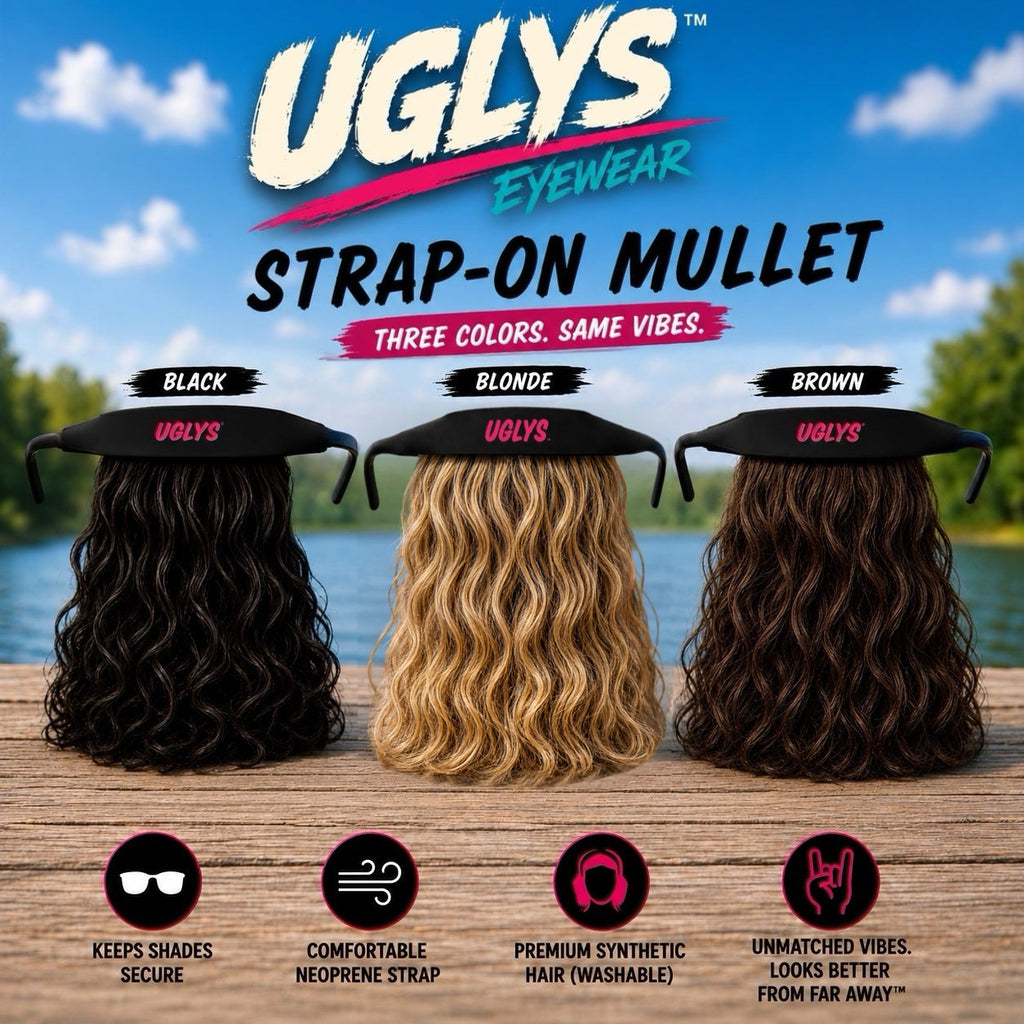 UGLYS™️ Sunglass Strapped Mullet featuring a stylish multicolored strap and classic sunglasses design by UGLYS EYEWEAR