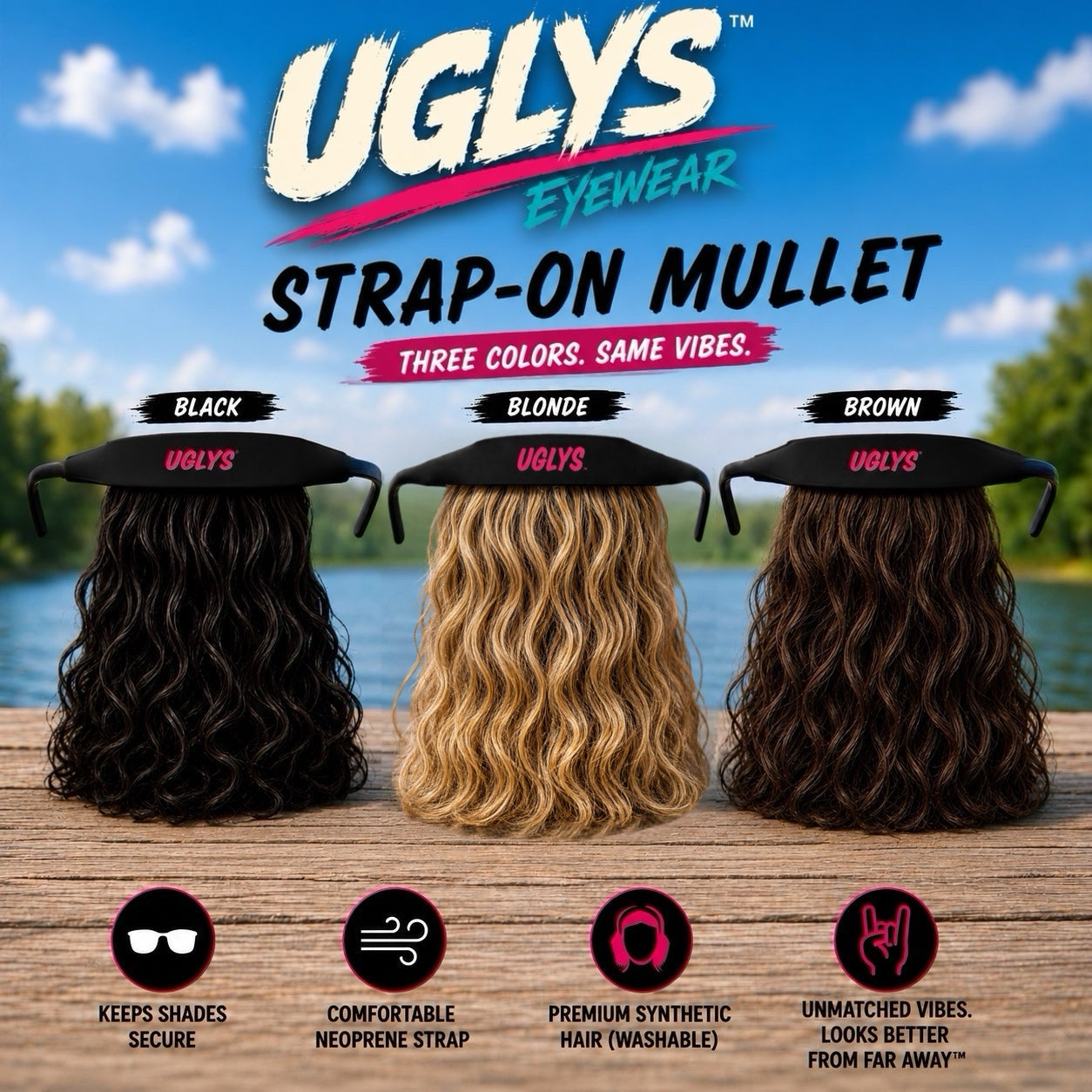 UGLYS™️ Sunglass Strapped Mullet featuring a stylish multicolored strap and classic sunglasses design by UGLYS EYEWEAR