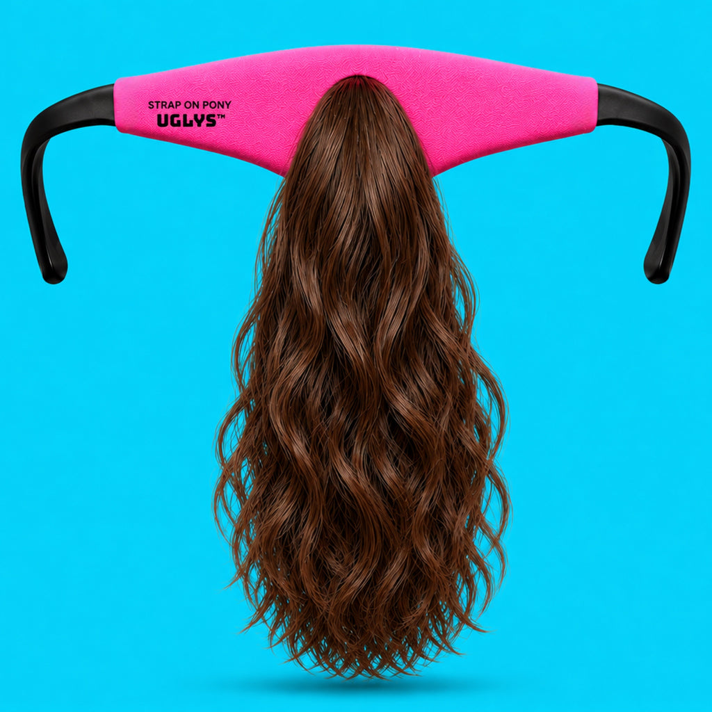 UGLYS™ Sunglass Strap-On Pony by Uglys Eyewear, featuring colorful strap and plush pony design attached to sunglasses.
