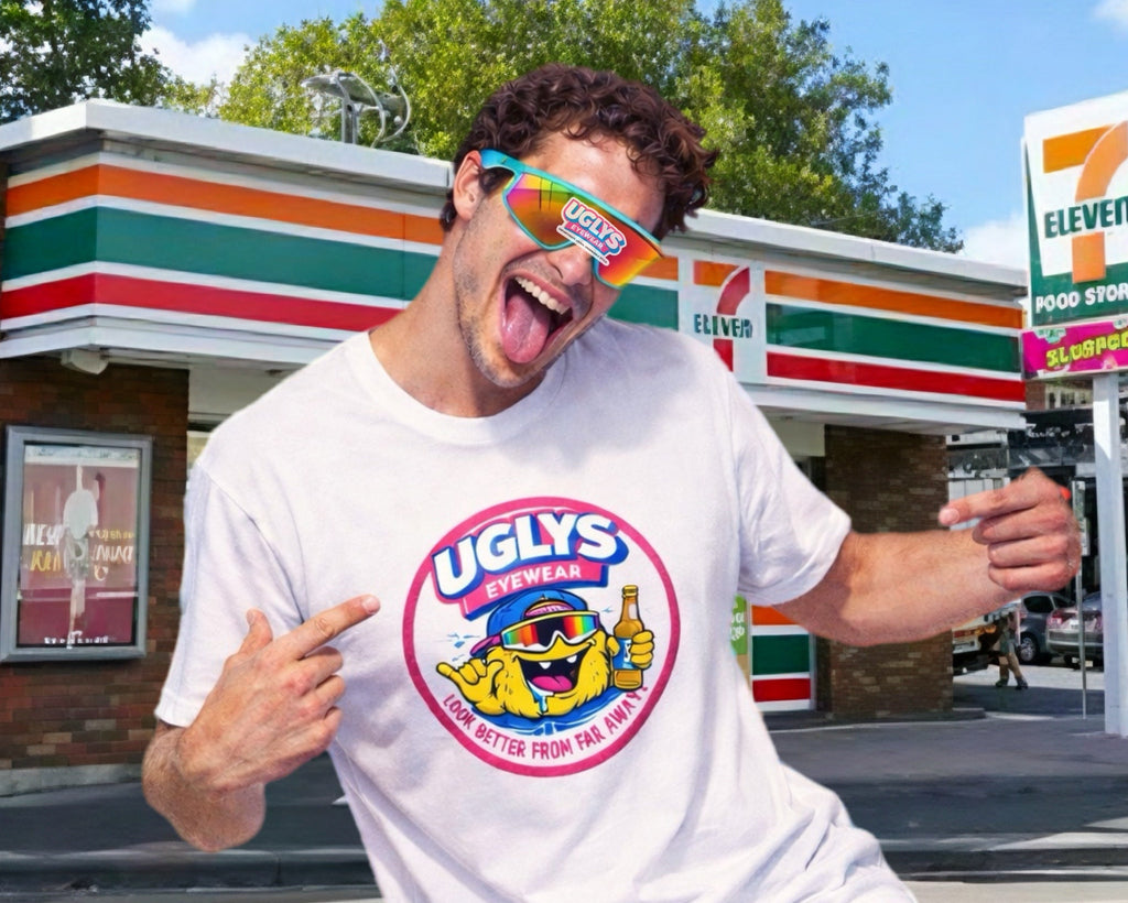 UGLYS T-shirt Contest Winner by UGLYS EYEWEAR displayed on a person, showcasing the graphic design and fit of the T-shirt.