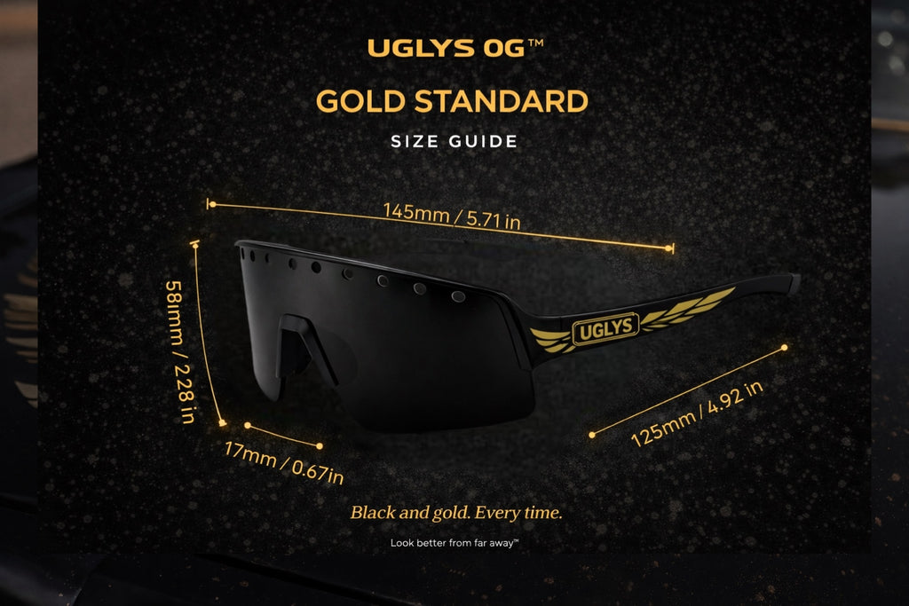UGLYS™ Gold Standard eyewear with sleek gold frame and stylish design, showcasing modern UGLYS EYEWEAR sunglasses.