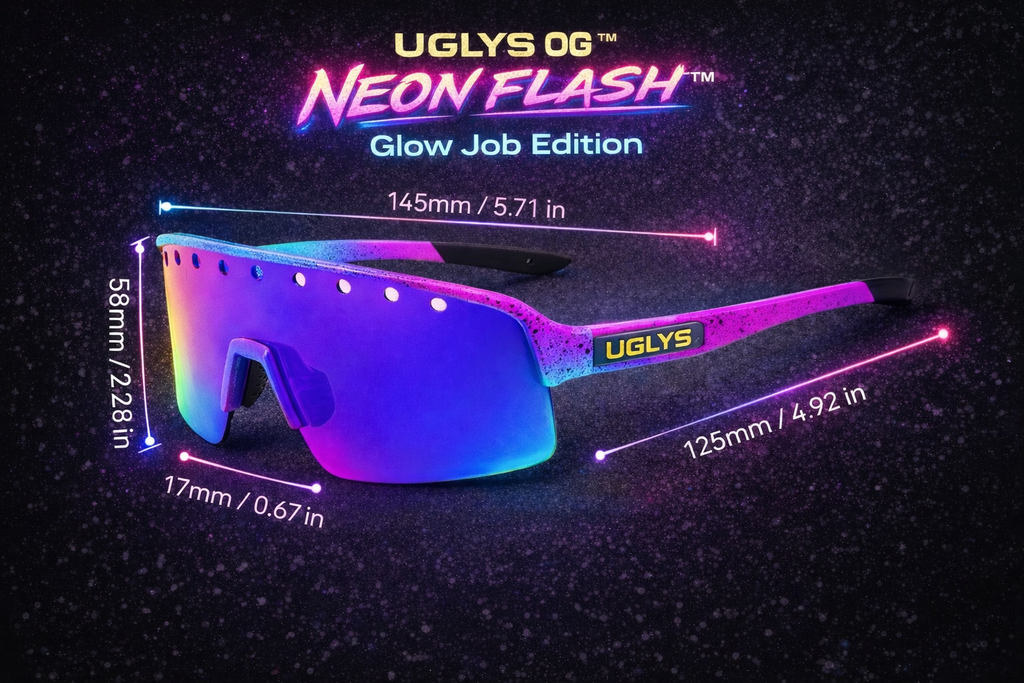 UGLYS™ Glow Job sunglasses with glowing yellow lenses and black frame, stylish eyewear by UGLYS EYEWEAR.